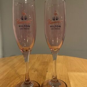 Two Pink Flamingo Hilton Los Vegas Champagne Flutes